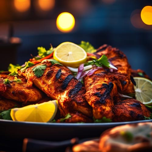 Saftiges Tandoori-Hähnchen garniert mit frischer Zitrone und Koriander, präsentiert auf einer schwarzen Pfanne, mit verschwommenen Lichtern im Hintergrund, die eine stimmungsvolle Abendatmosphäre schaffen.