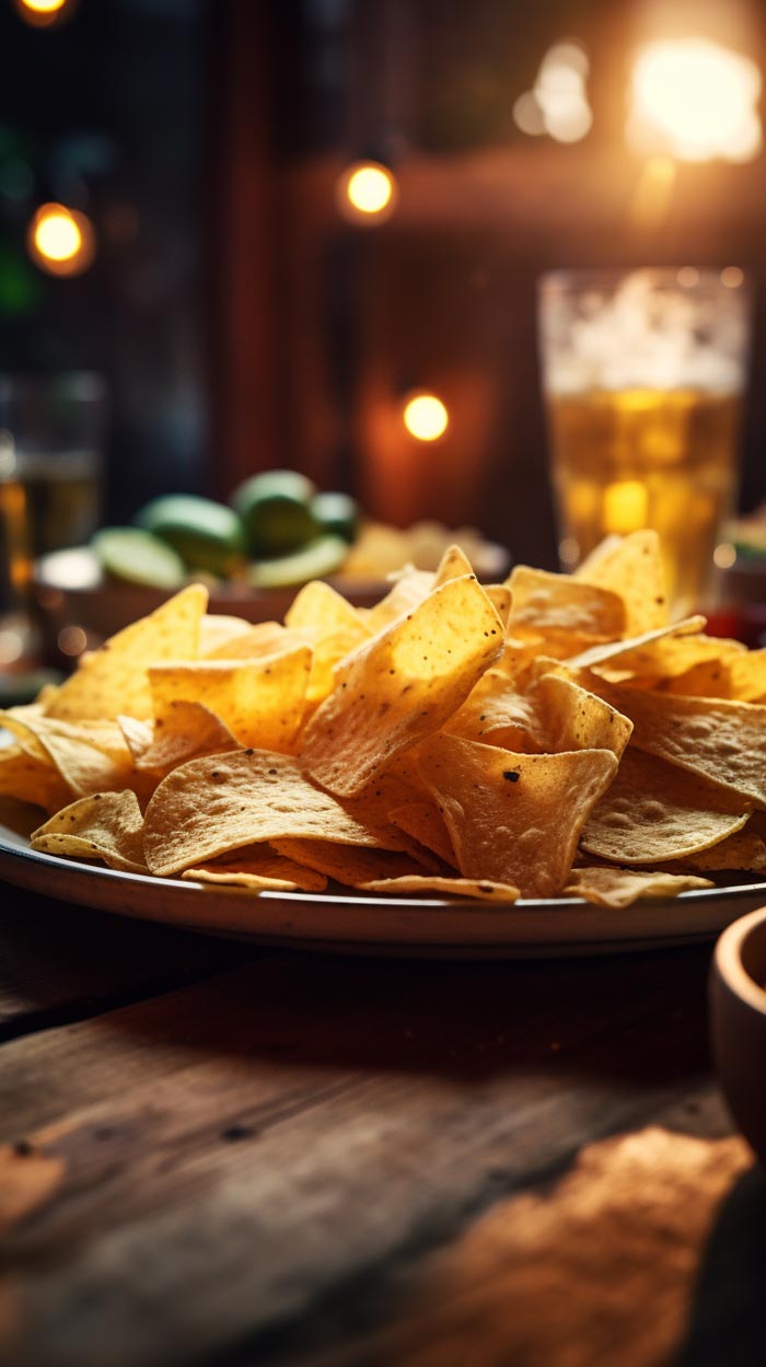 "Gemütliche Snackzeit: Tortilla-Chips bei Dämmerlicht Frisch servierter Teller mit goldenen Tortilla-Chips auf einem Holztisch, im Hintergrund warmes Licht.