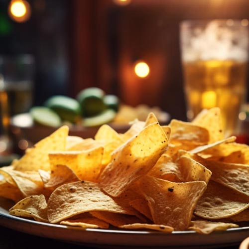 Stapel von frischen Tortilla-Chips auf einem Teller mit atmosphärischem Bokehlicht im Hintergrund.