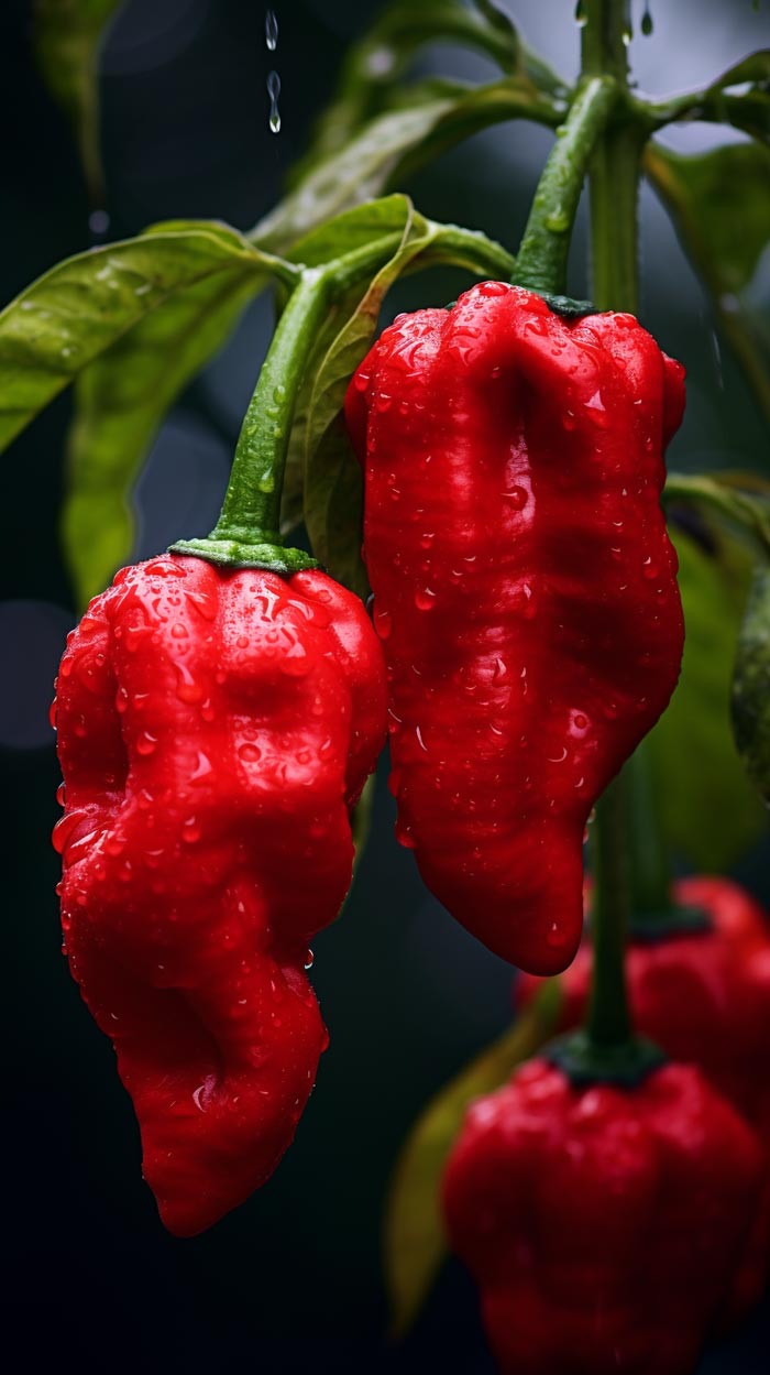 Frisch glänzende Trinidad Scorpion Chilischoten hängen an einem grünen Zweig, große Wassertropfen perlen an ihrer leuchtend roten Oberfläche ab