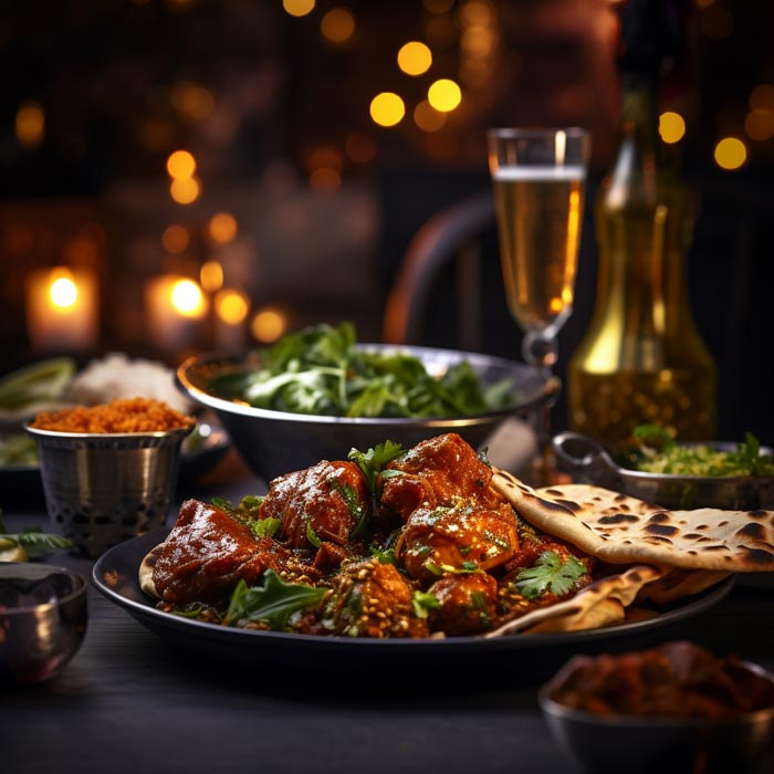 Ein festlich gedeckter Tisch mit einem indischen Festmahl, darunter ein Teller mit Hühnchen Vindaloo, garniert mit frischem Koriander, begleitet von fluffigem Naan-Brot. Im Hintergrund sind Schüsseln mit Reis und grünem Salat zu sehen, sowie ein Glas und eine Flasche Champagner, die das festliche Ambiente unterstreichen. Die warmen Lichter und Kerzen im Hintergrund sorgen für eine gemütliche Atmosphäre.