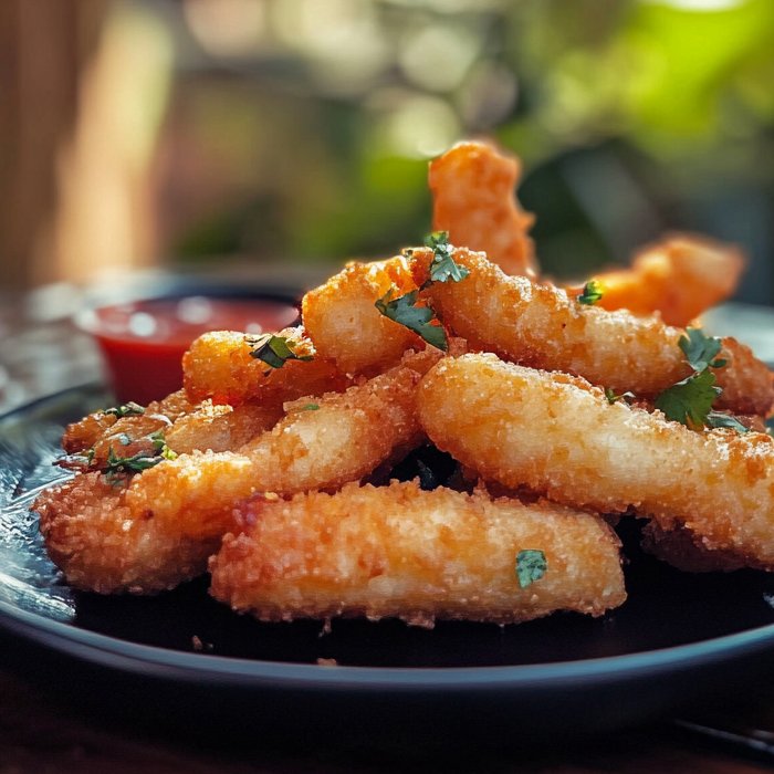 Knusprige Yuca Frita auf einem schwarzen Teller, garniert mit frischer Petersilie, serviert mit einem Dip im Hintergrund, bei natürlichem Tageslicht.